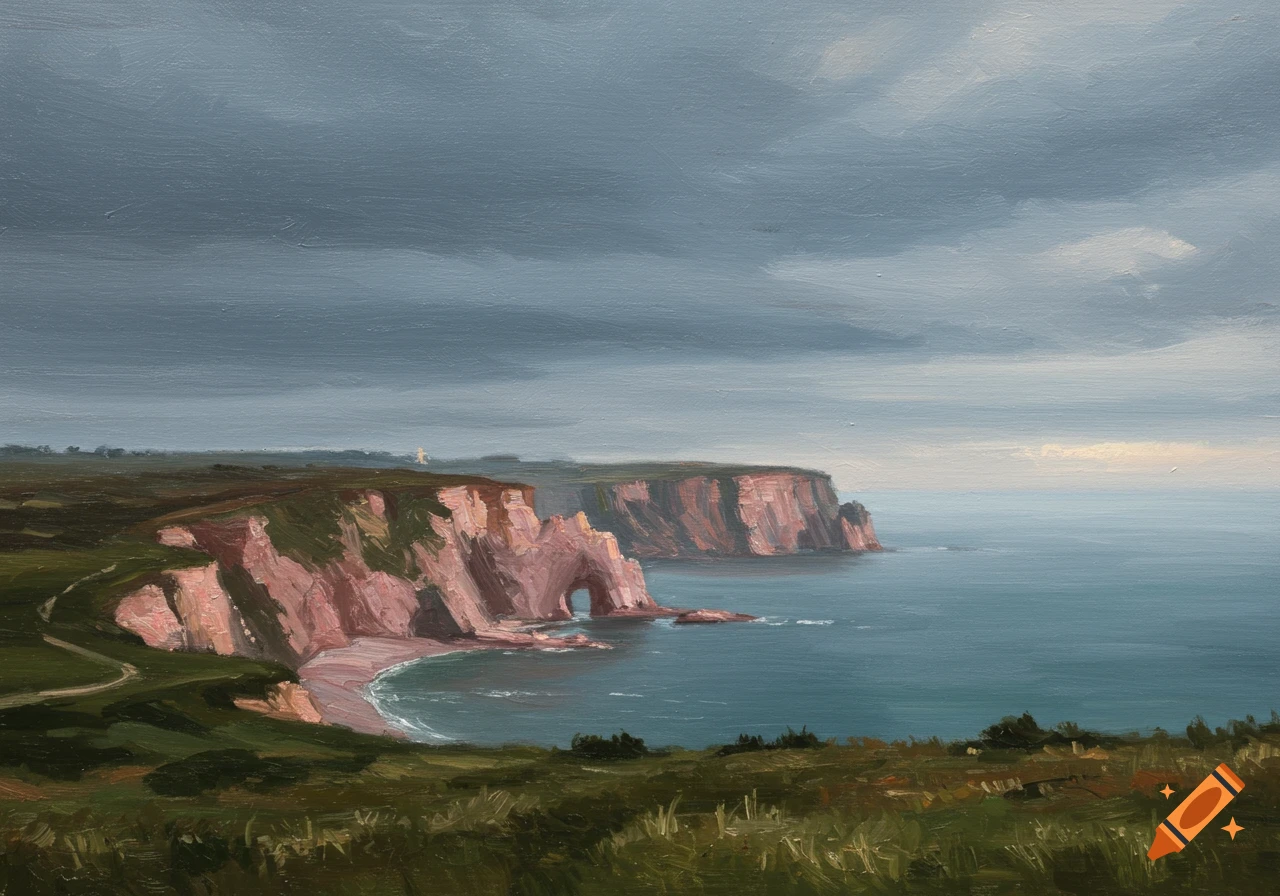 A moody oil painting of dramatic pink cliffs overlooking a turquoise sea under a grey, cloudy sky.