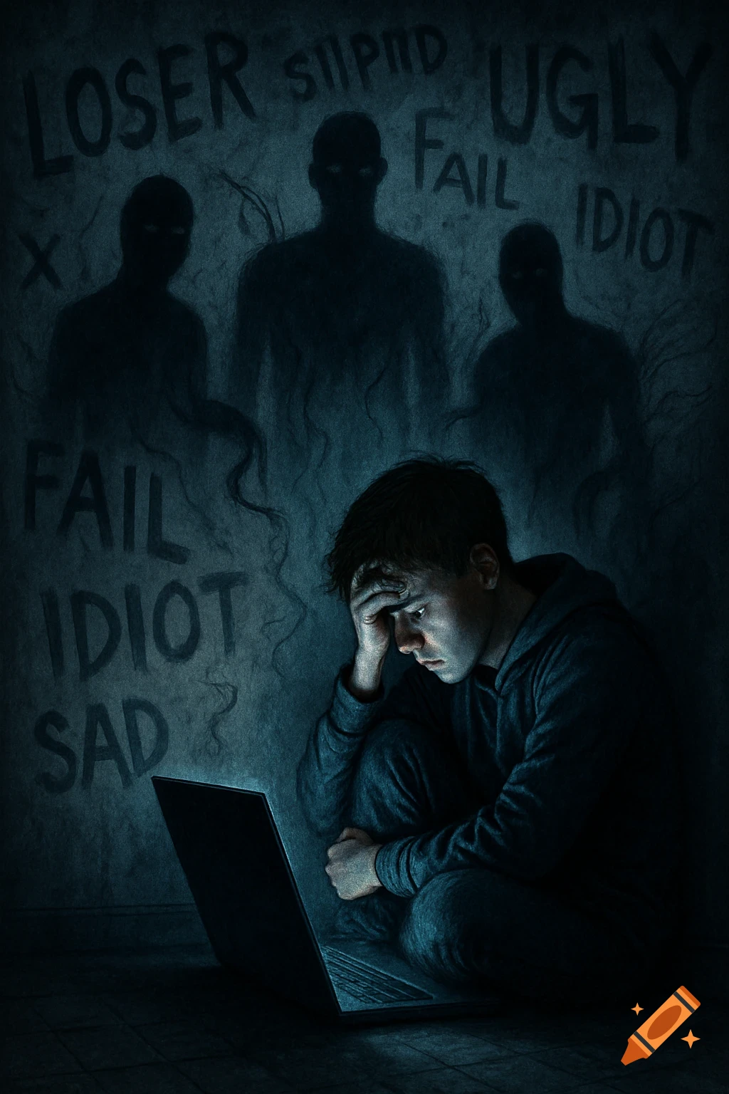 A sad person with their head in their hands sits in a dark room with a laptop, while shadowy figures and negative words like "LOSER" and "UGLY" are written on the wall.