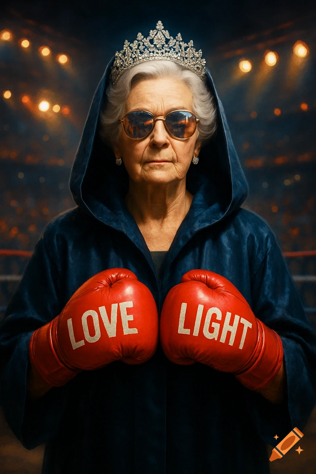 An older woman in a hooded boxing robe, sunglasses, and a diamond tiara, holding red boxing gloves that say 'LOVE' and 'LIGHT' in a boxing ring.