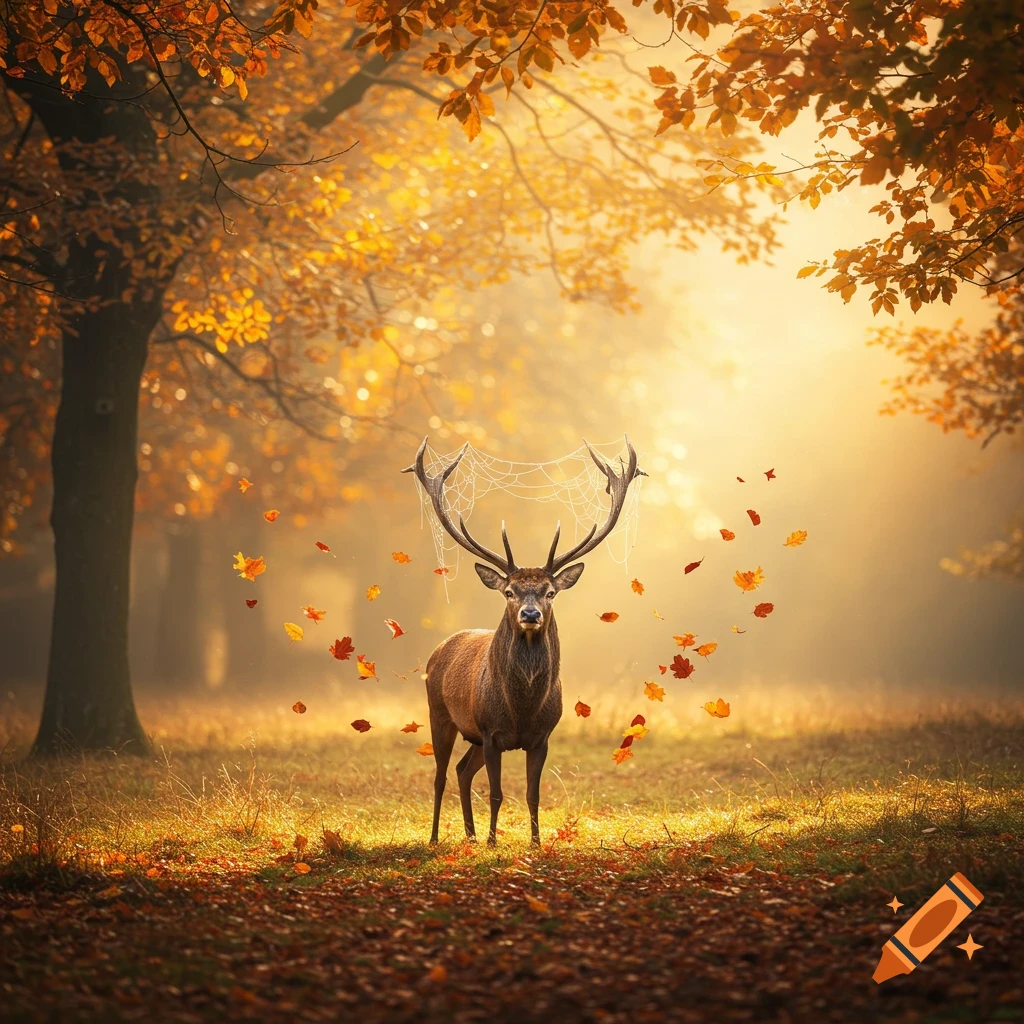 A majestic stag with spiderwebs on its antlers stands in a sunlit autumn forest, surrounded by golden leaves, photorealistic.