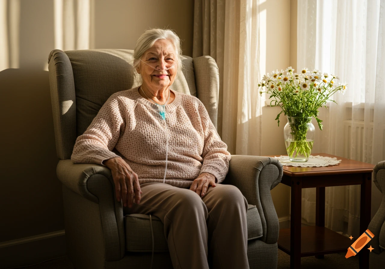 An elderly woman with a nasal cannula smiles while sitting in an armchair in a sunlit room with a vase of daisies.