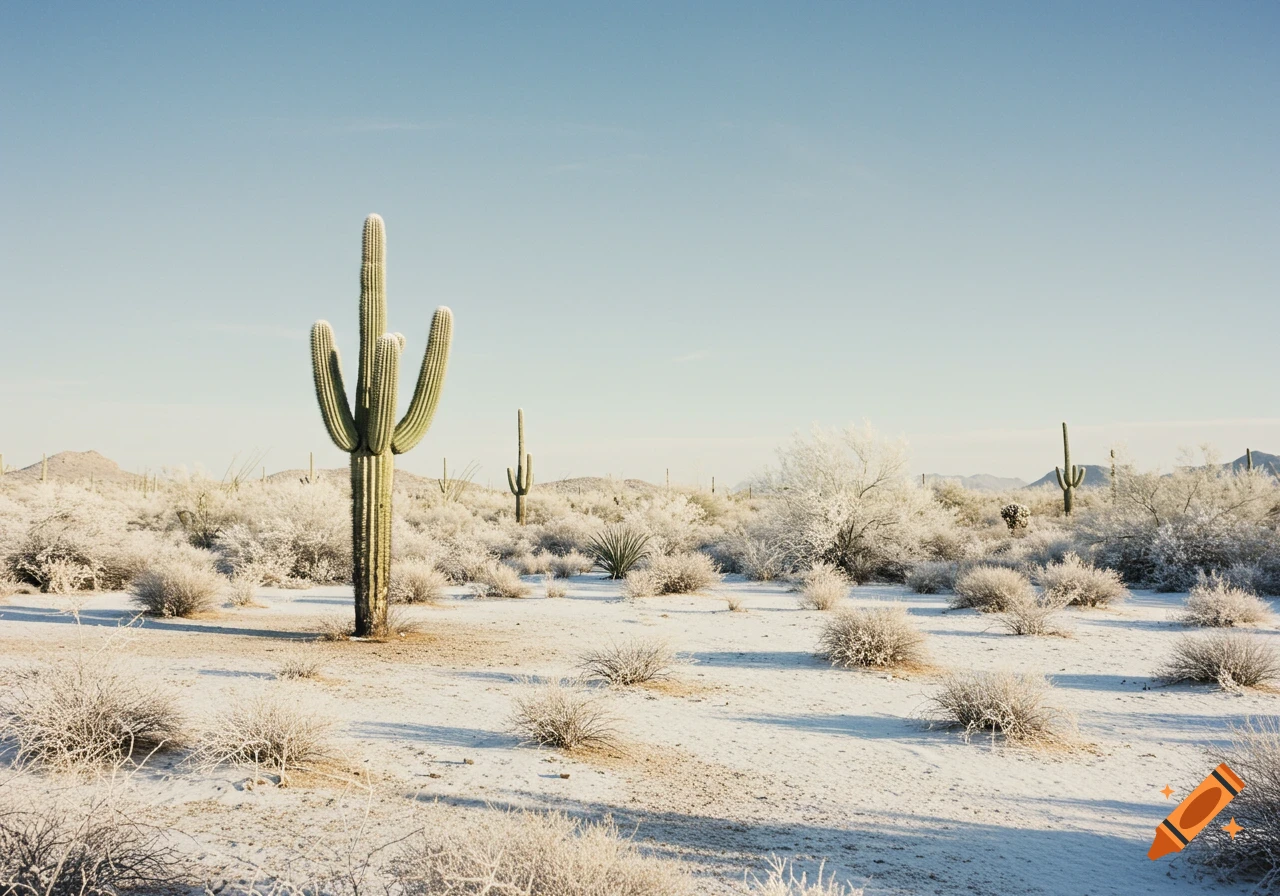 A sparse desert landscape lightly dusted in snow, featuring two saguaro cacti and other frosted brush under a clear blue sky.