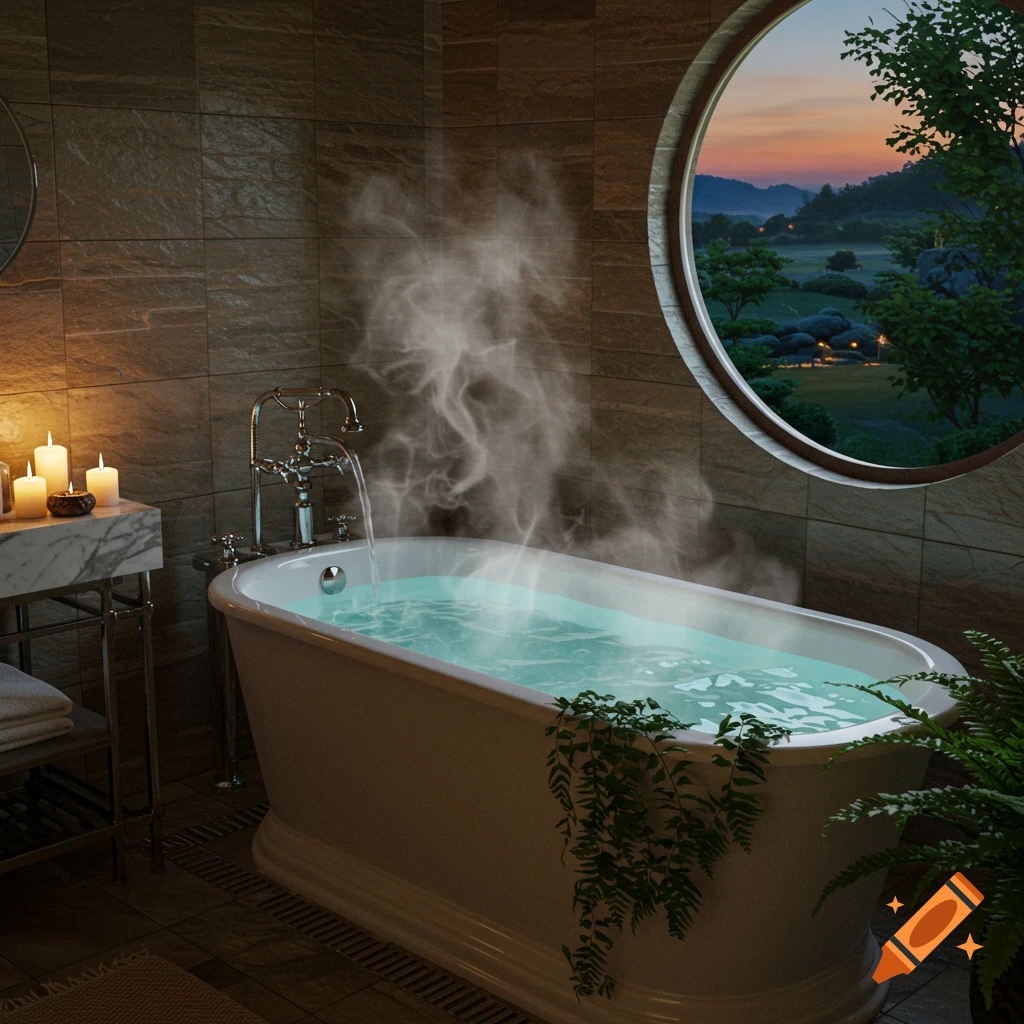 Photorealistic luxury bathroom with a steamy bathtub, candles, and a round window overlooking a serene sunset landscape.