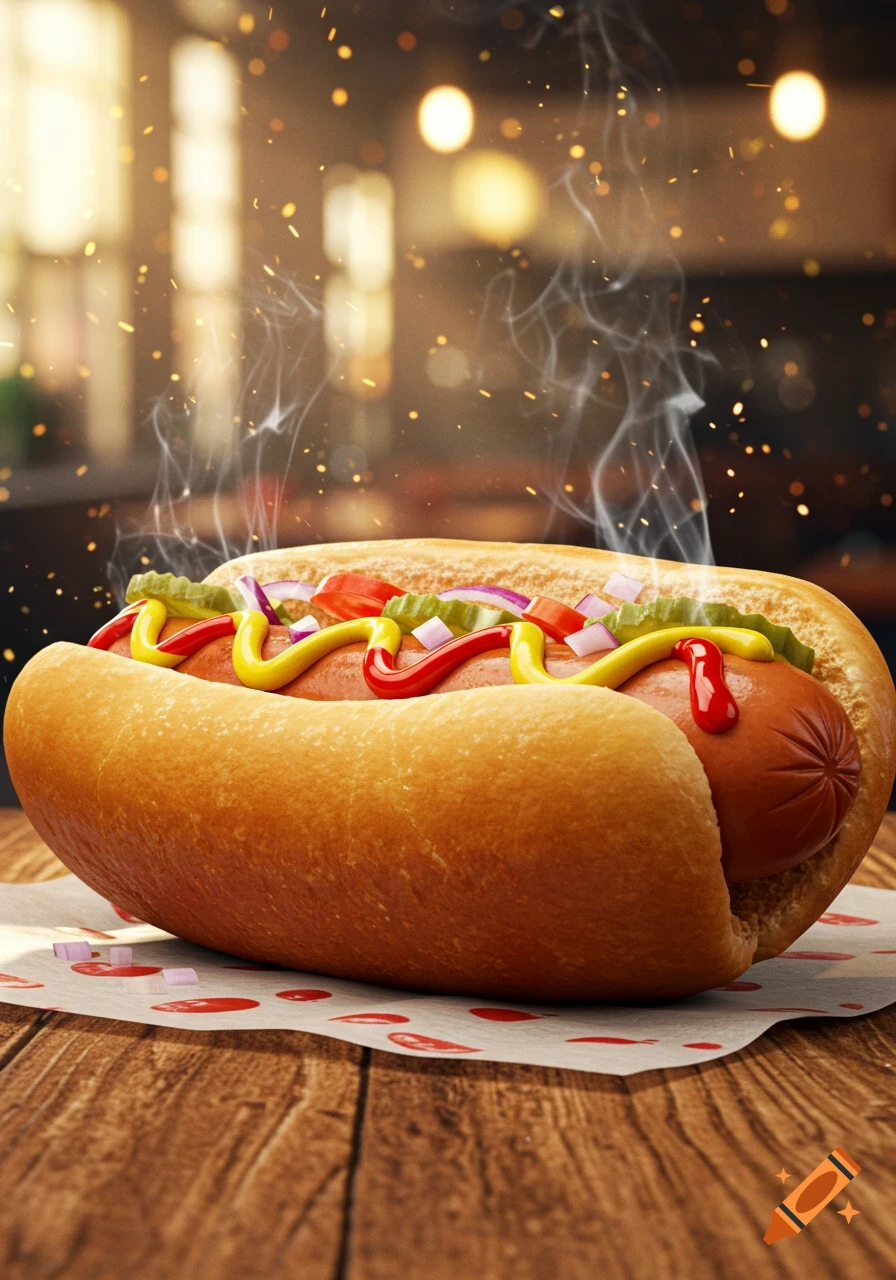 A close-up, photorealistic image of a steaming hot dog with mustard, ketchup, relish, and onions on a bun, on a wooden table.