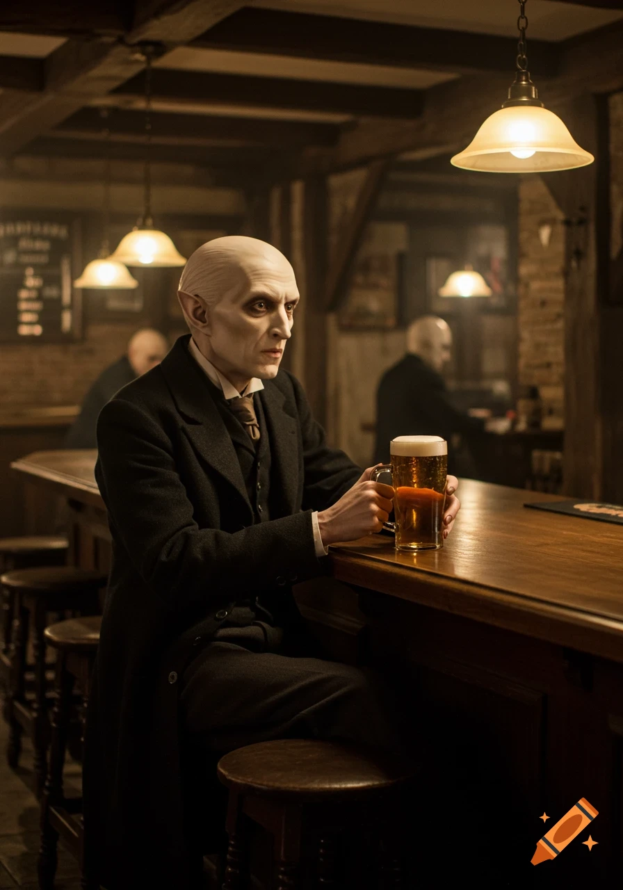 Photorealistic Nosferatu, a pale, bald man with pointed ears, sitting quietly at a dimly lit wooden bar, holding a mug of beer.