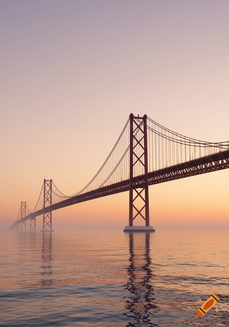 Photorealistic view of the 25 de Abril Bridge with its red towers spanning a calm body of water during a hazy sunset.