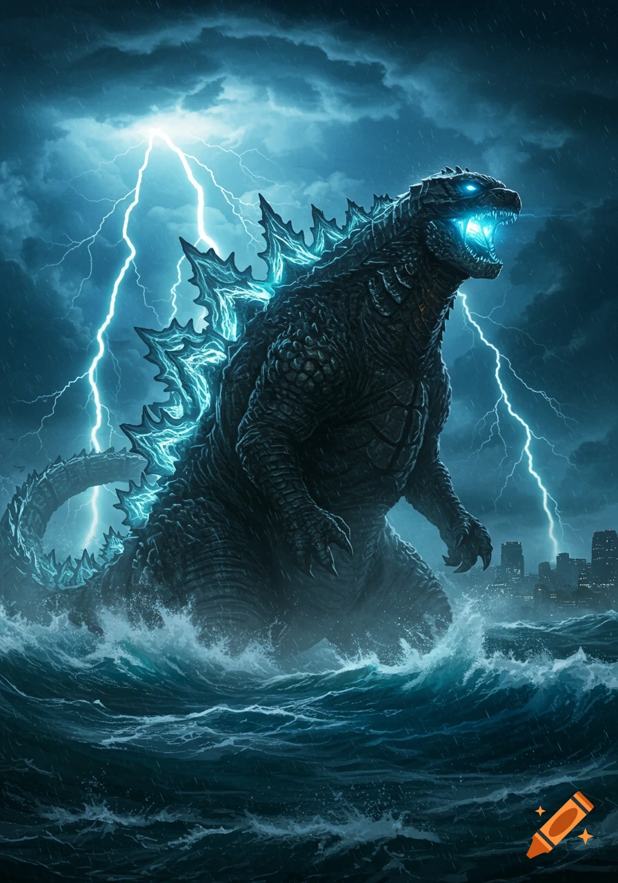 Godzilla with glowing blue fins and eyes emerges from a stormy ocean with lightning, city in background.