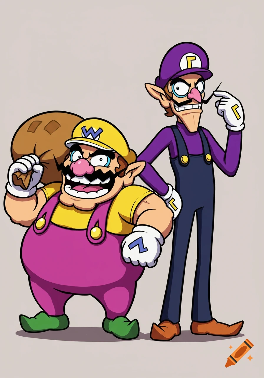 2D cartoon art of Wario, a short fat man in yellow and magenta holding a bag, grinning next to Waluigi, a tall skinny man in purple and navy pulling his mustache.
