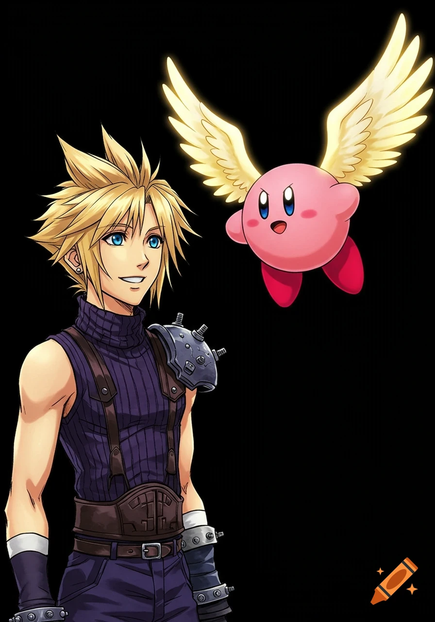 Anime illustration of Cloud Strife from Final Fantasy VII smiling at a winged Kirby on a black background.