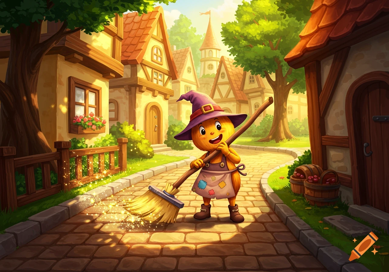 A cheerful cartoon character in a witch hat and apron sweeps a cobblestone path in a whimsical village, emitting sparkles.