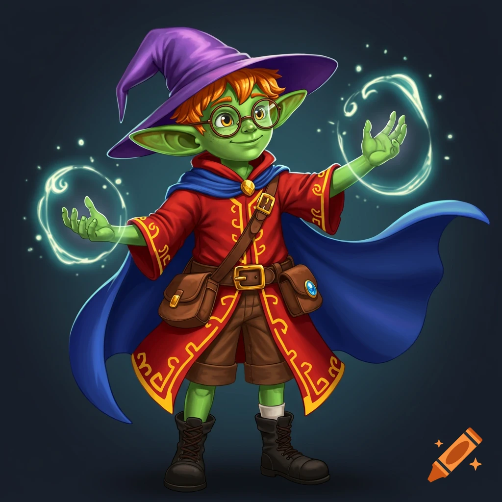 A friendly preteen green-skinned goblin boy wizard with orange hair, glasses, purple hat, red robe, and blue cape casts a spell with glowing hands.
