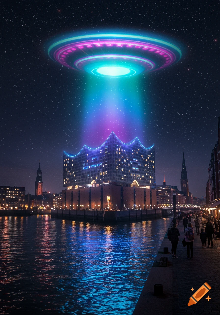 A glowing UFO with a colorful beam shines over the Elbphilharmonie in Hamburg at night, reflecting in the river while people walk on the promenade.