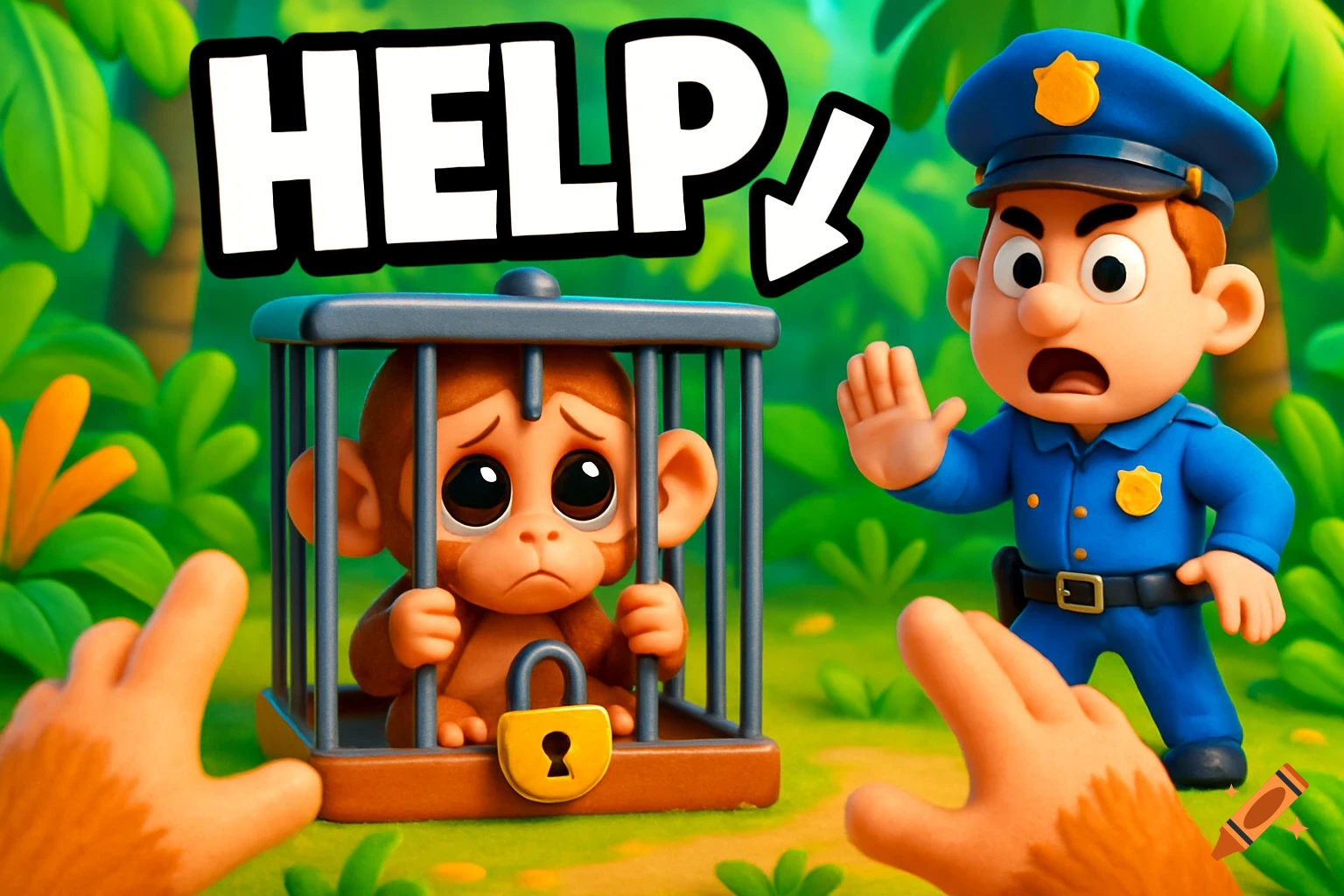 Cartoon 3D scene of a sad baby monkey in a cage in a jungle. A police officer and furry hands reach out. 'HELP' text at top.