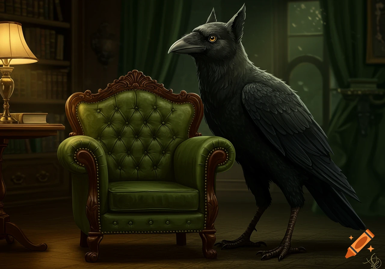 A dark bird-like creature with dog-like ears and amber eyes stands next to a green tufted Victorian club chair in a dimly lit study.