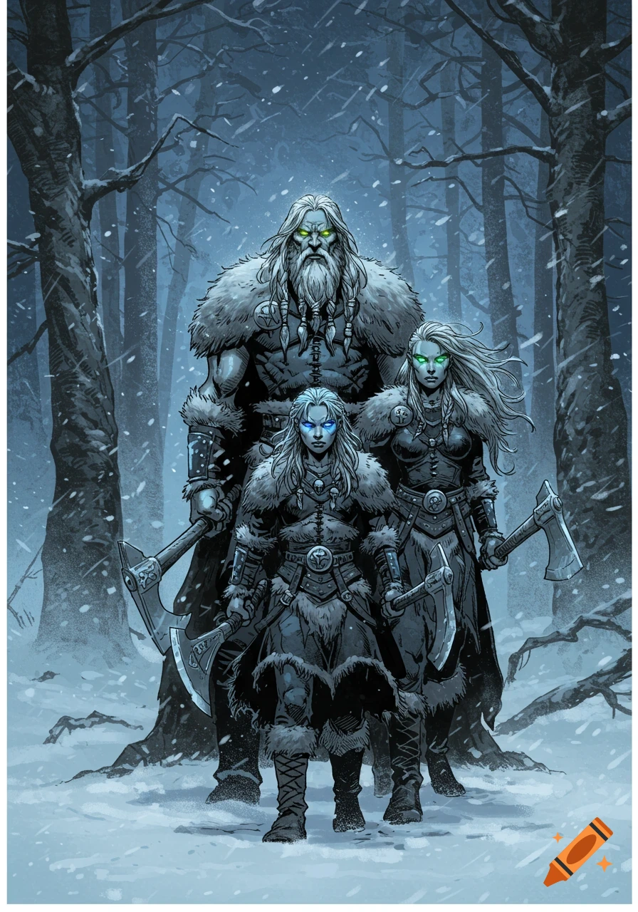 Comic art of three grey-haired, fur-clad warriors with glowing eyes and axes, standing in a snowy forest.
