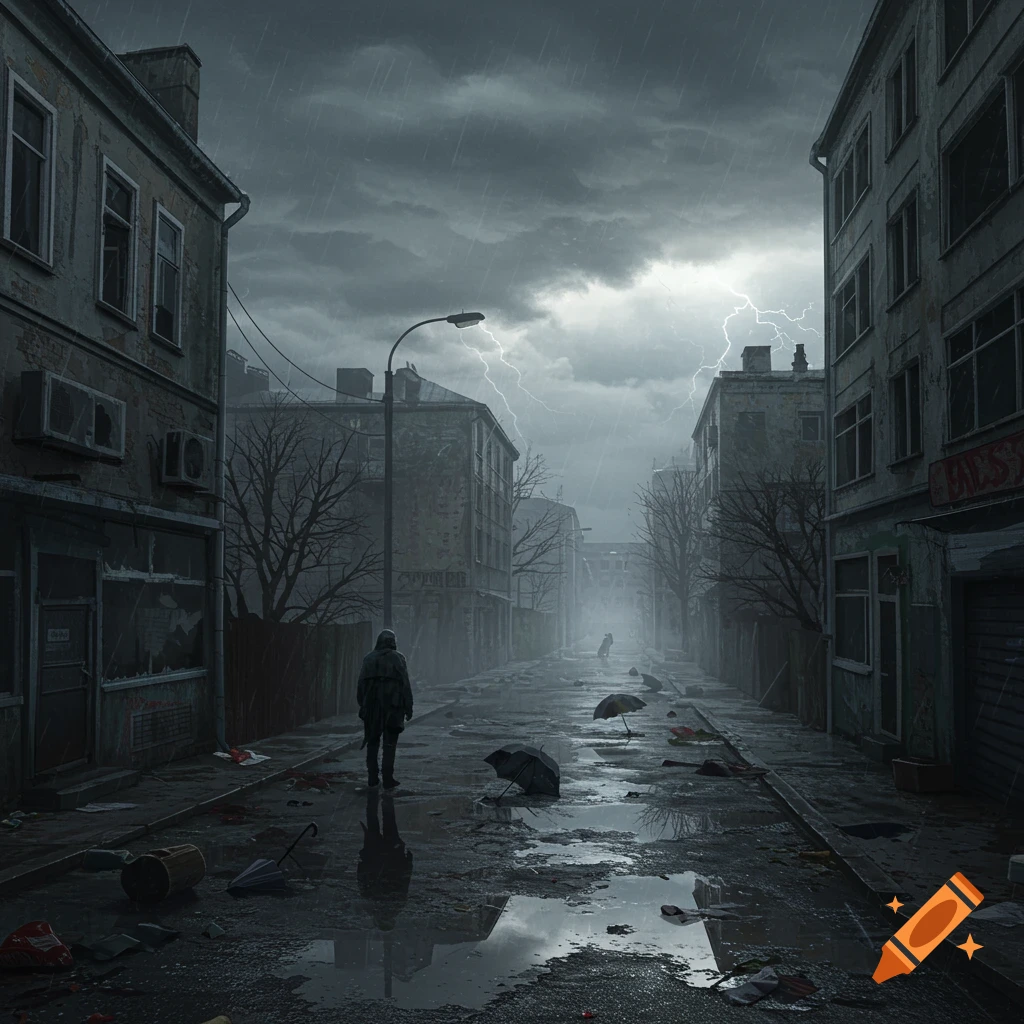 A lone figure walks down a desolate, rainy city street under a stormy, lightning-filled sky.