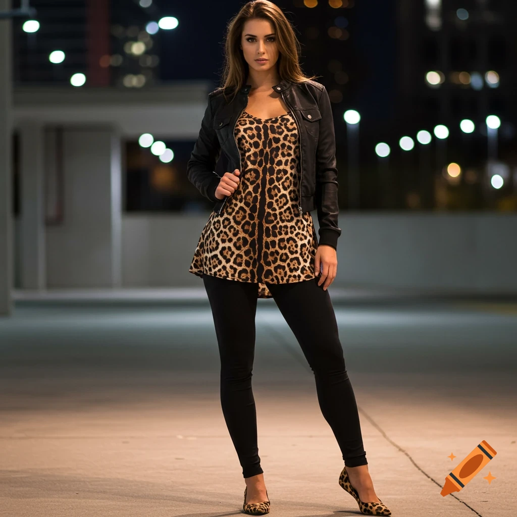 A fit young woman in a black jacket, leopard-print tunic, black leggings, and leopard-print flats stands in an urban night setting.