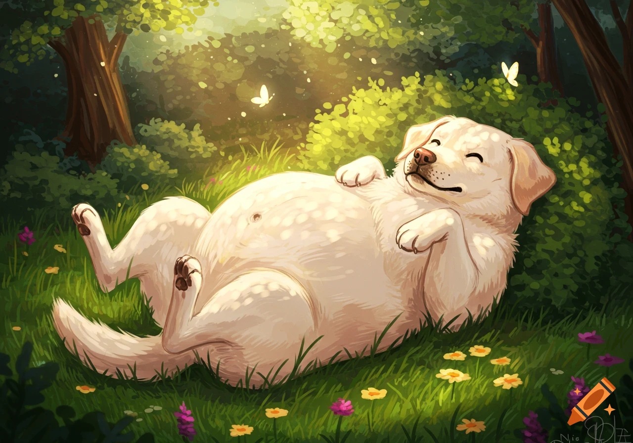 A happy white Labrador retriever lies on its back in a sunlit grassy forest clearing, with butterflies fluttering around. Illustrated style.