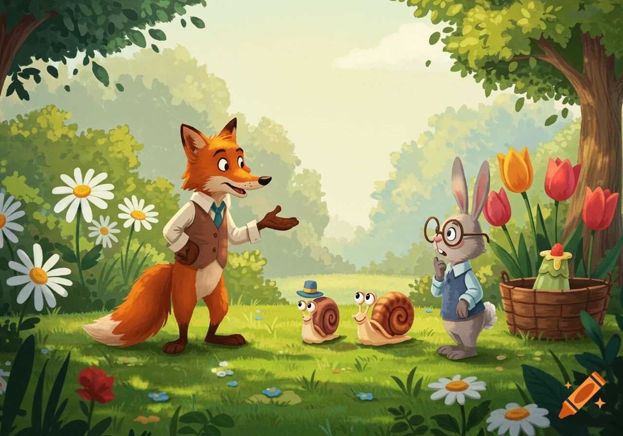 A dapper fox gestures to two snails while a rabbit with glasses observes in a whimsical forest illustration.