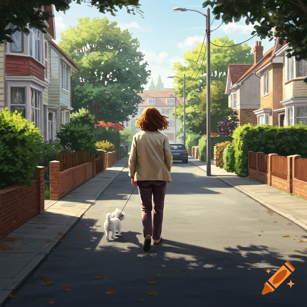 A woman with chestnut hair walks her small white dog down a sunny, tree-lined residential street in a realistic illustration.