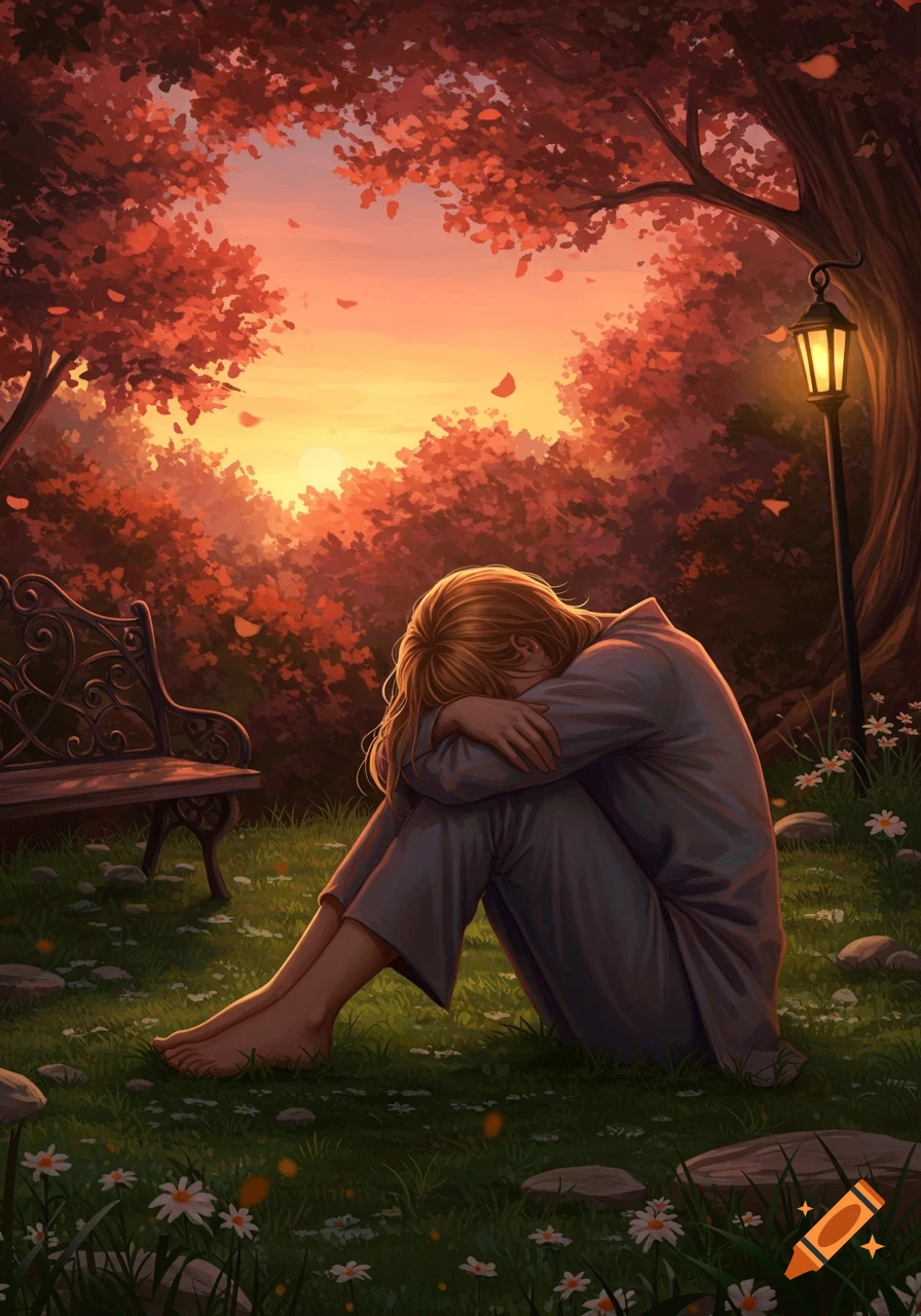 A person sits curled up on grass, embracing their knees, under vibrant red autumn trees at sunset, in a stylized illustration.