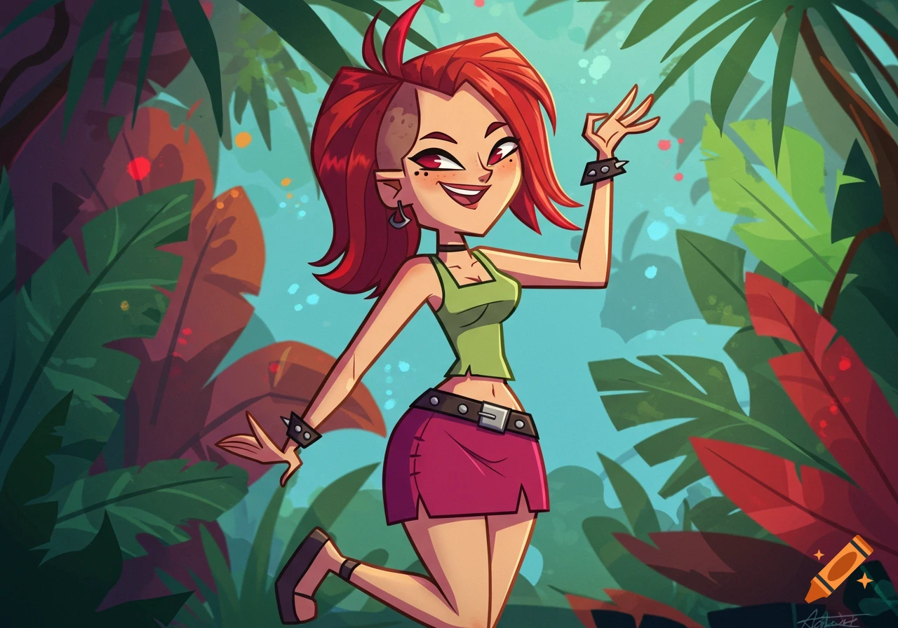 Cartoon girl with red hair and punk style, wearing a green top and pink skirt, smiling and posing in a lush jungle.