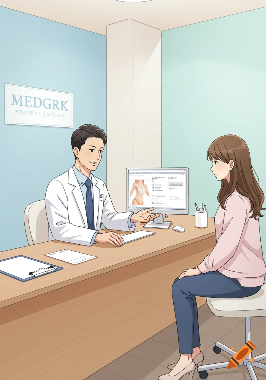 Digital illustration of a doctor consulting a female patient in a medical office, with a body diagram on a computer screen.