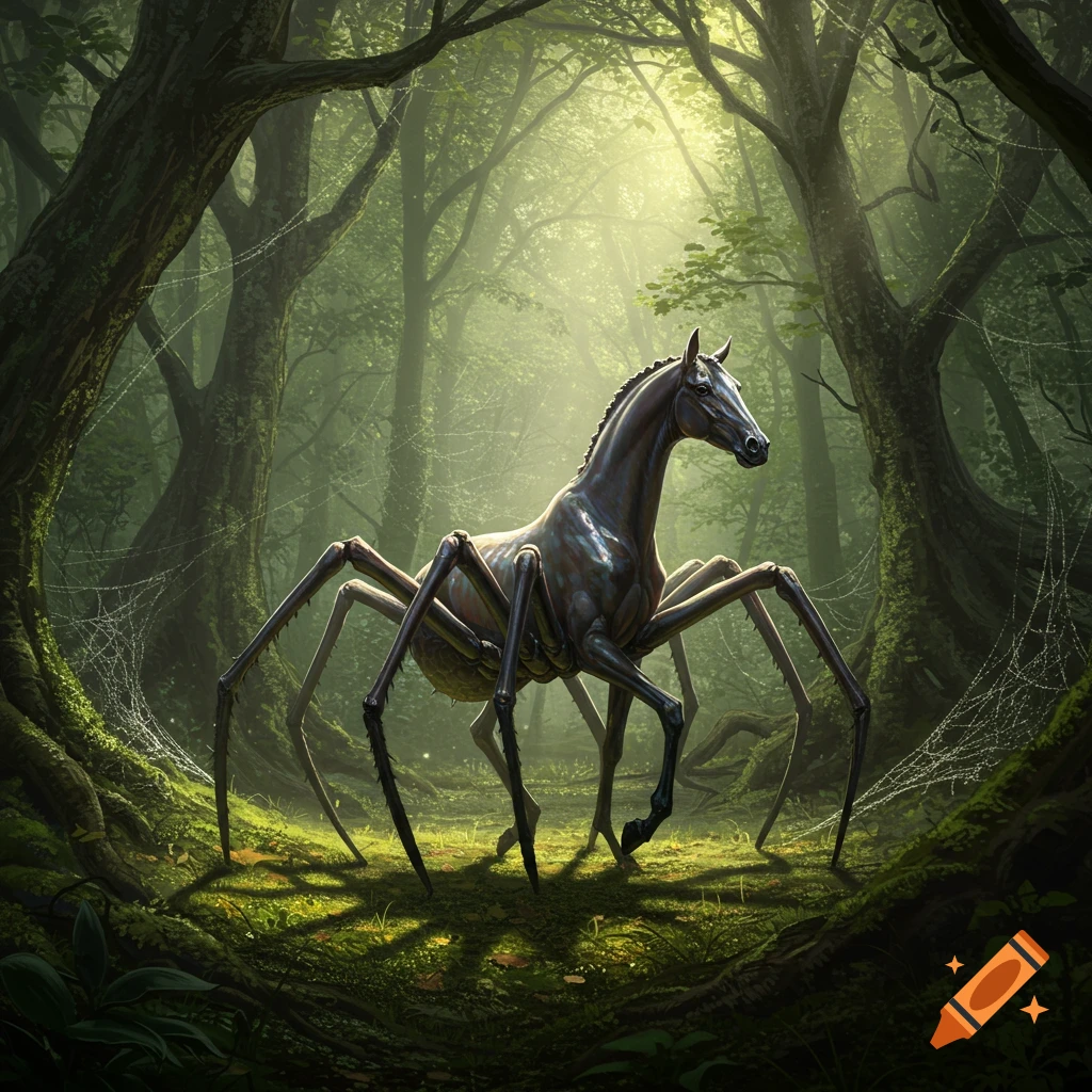 A dark, horse-like creature with multiple spider legs stands in a sunlit, mossy forest with spider webs.