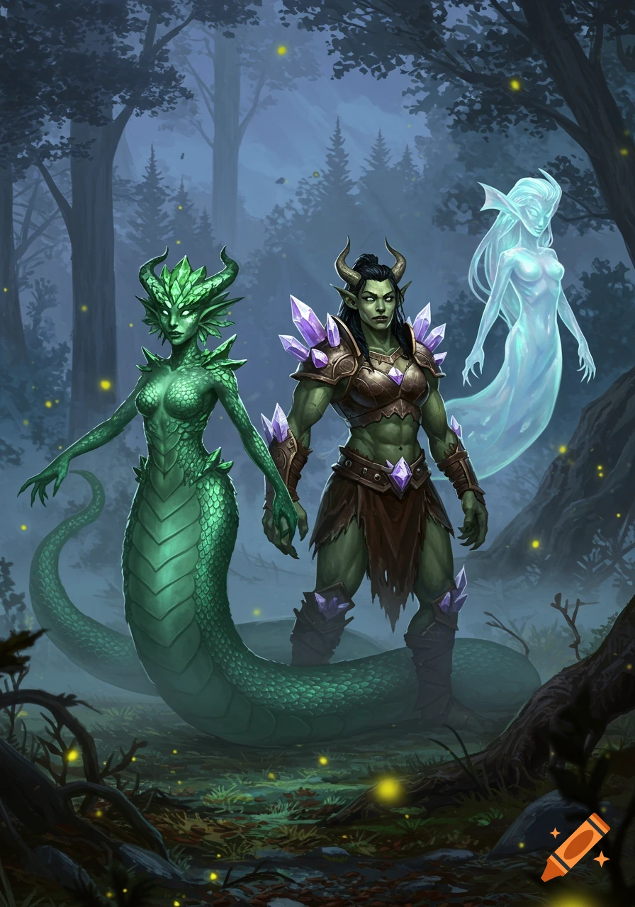 Three female fantasy monsters, a green lamia, a green-skinned horned warrior, and a translucent ghost, stand in a mystical forest.