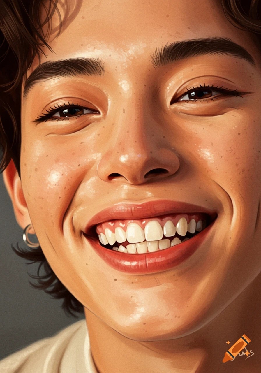 Close-up digital painting of a person with short brown hair and freckles, smiling broadly to show both rows of teeth.