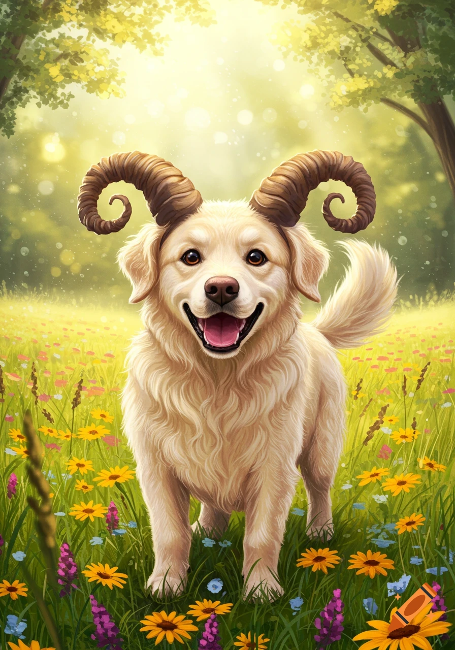A happy golden retriever with ram horns grins in a sunlit field of colorful flowers.