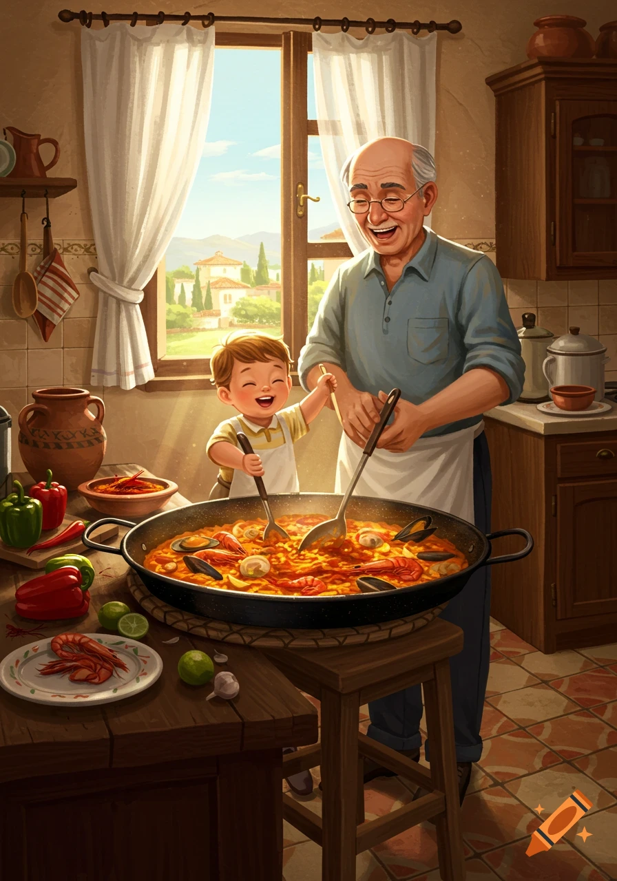 A cheerful illustration of a grandfather and a young boy cooking paella in a sunny kitchen with a scenic window view.