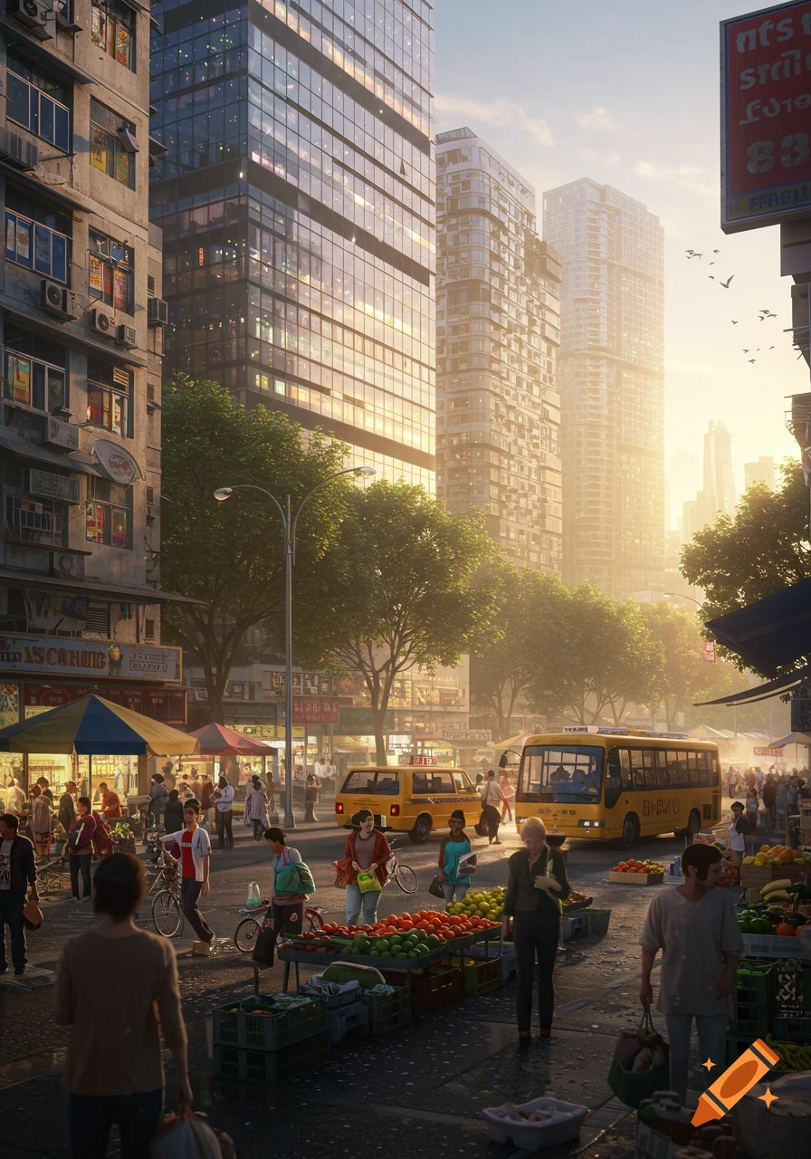 A bustling city street market scene at sunset, with people, vendors, and yellow vehicles under tall modern and older buildings.
