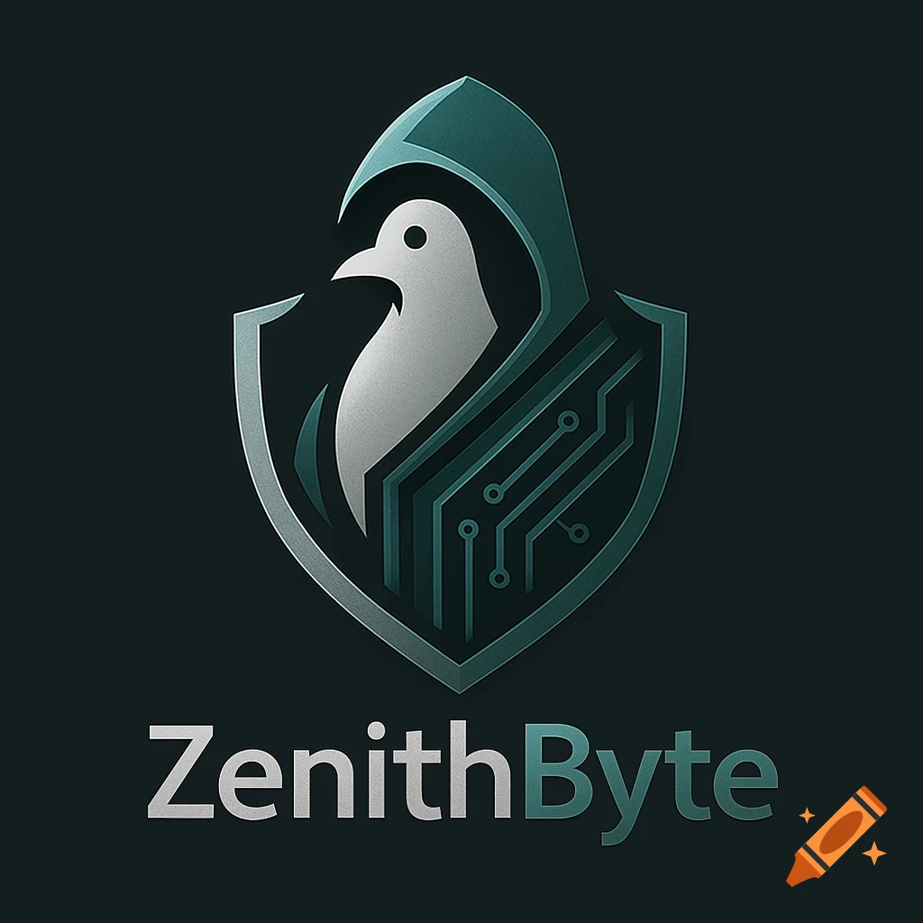 A modern logo featuring a white bird wearing a teal hooded cloak inside a shield with circuit board patterns. Below, the text 'ZenithByte'.