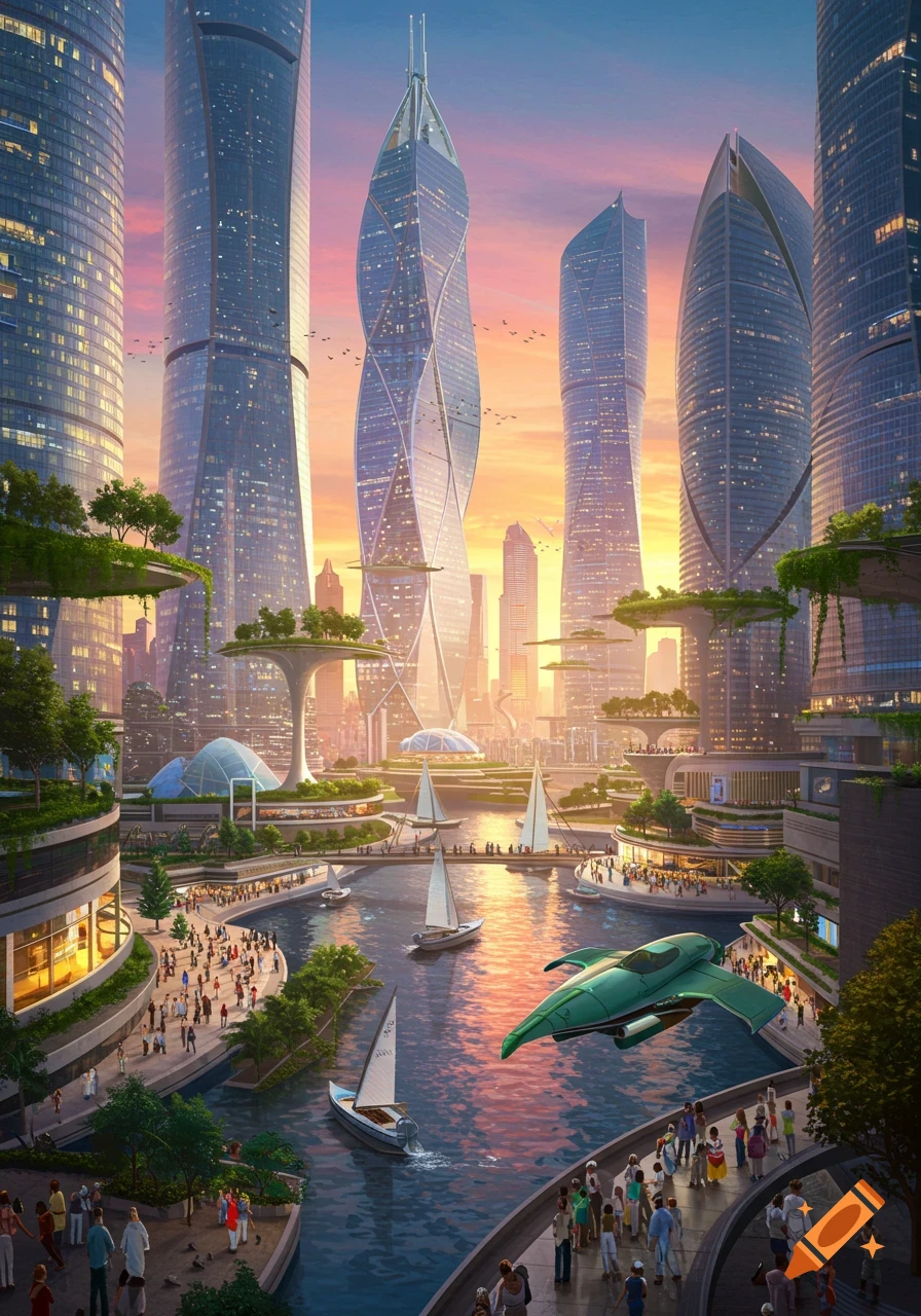 A vibrant, photorealistic futuristic city at sunset, with towering green skyscrapers, a river with sailboats, a green flying vehicle, and bustling crowds.