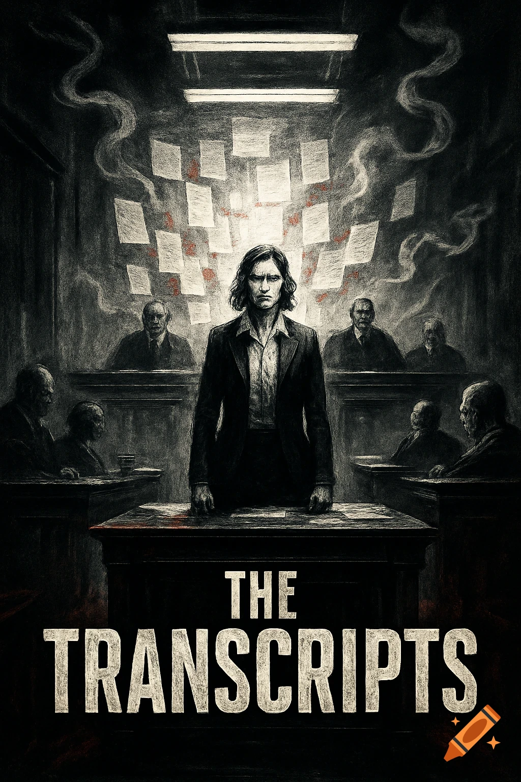 Charcoal drawing of a grim man in a dark courtroom with floating papers, text reads 'THE TRANSCRIPTS'.