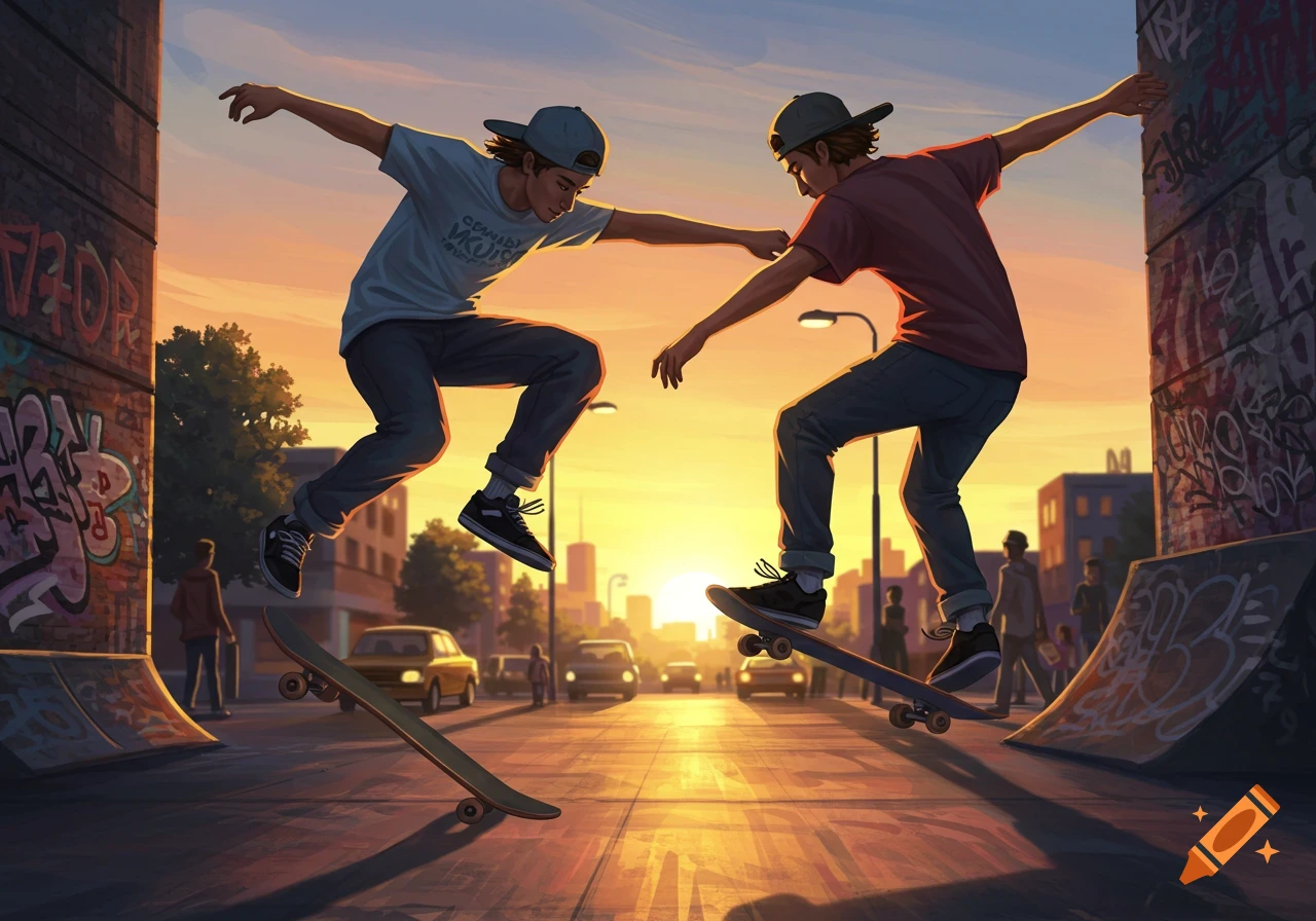 Two male skateboarders perform tricks in a vibrant urban skate park at sunset, with city buildings and graffiti walls in the background.