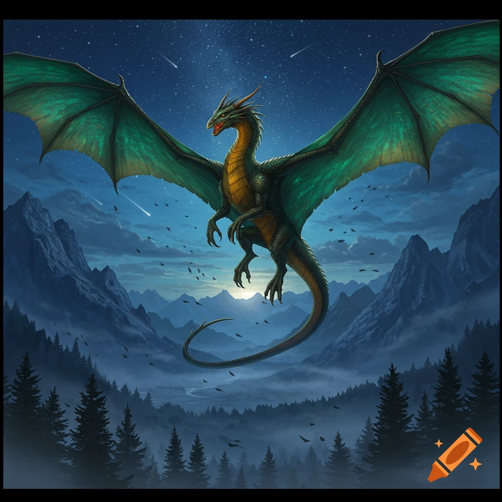 A majestic green and gold dragon with huge wings flies over a dark, misty mountain range under a starry night sky.
