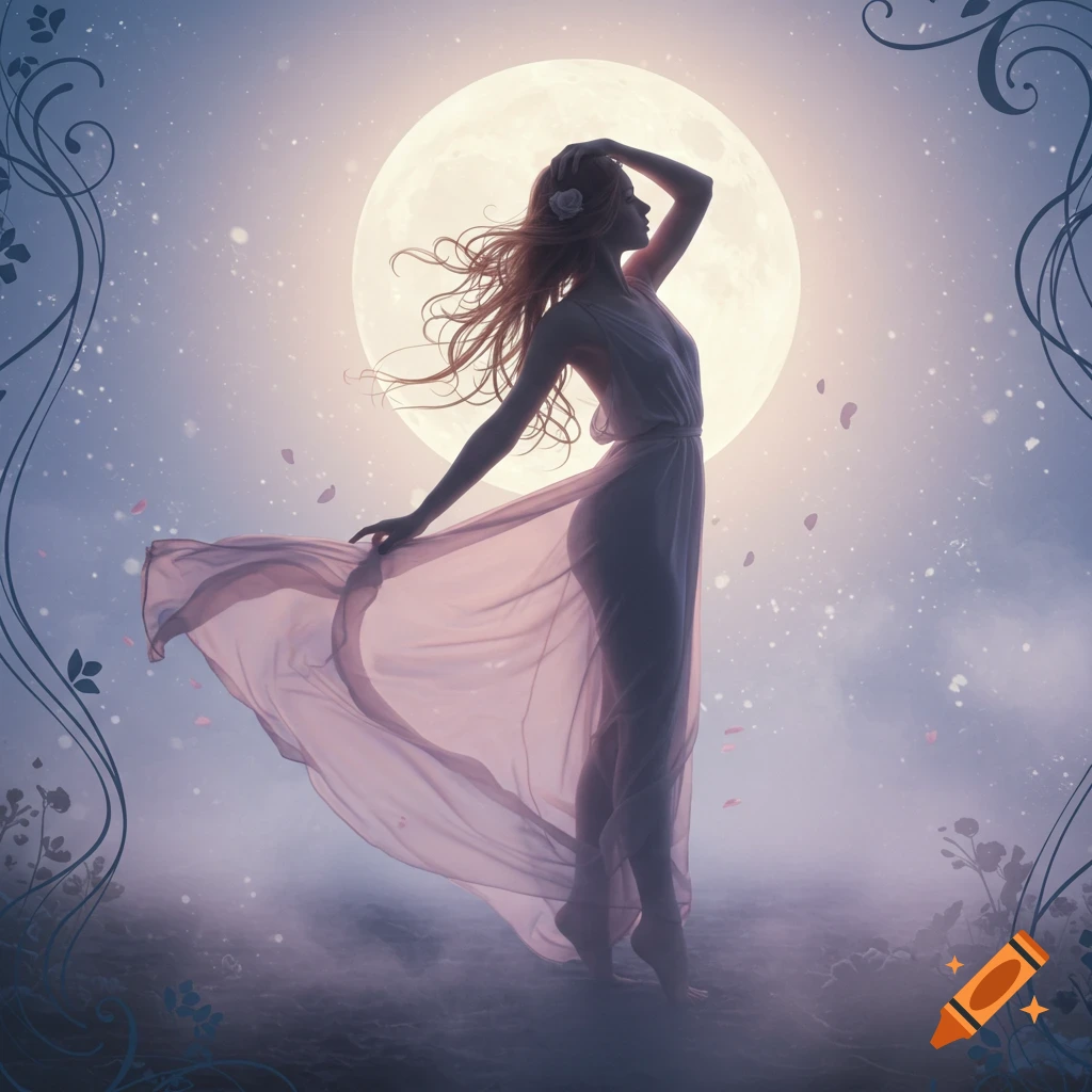 A woman in a flowing gown stands in silhouette against a full moon in a dreamy, misty night sky with ornate foliage.