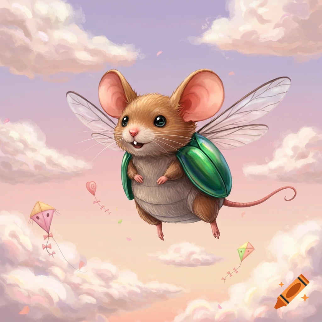 A cute, furry brown mouse with large ears and beetle wings flies through a pastel sky filled with fluffy clouds and small colorful kites.