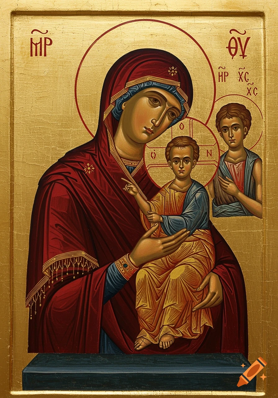 A gold-backed Byzantine icon depicting the Virgin Mary holding the infant Jesus, with Saint John the Baptist behind them. All figures have halos.