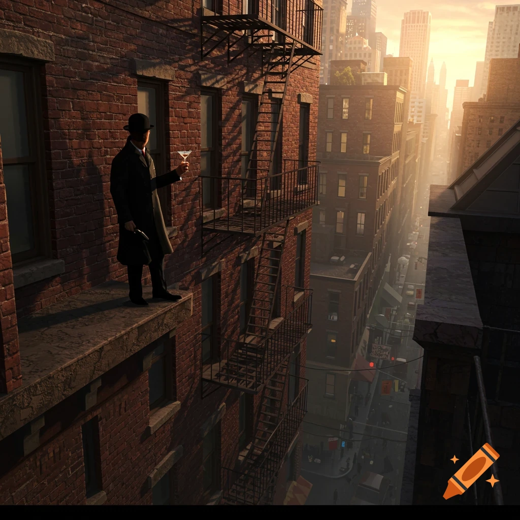 Man in bowler hat and coat stands on a brick building ledge, holding a martini, overlooking a city at sunset.