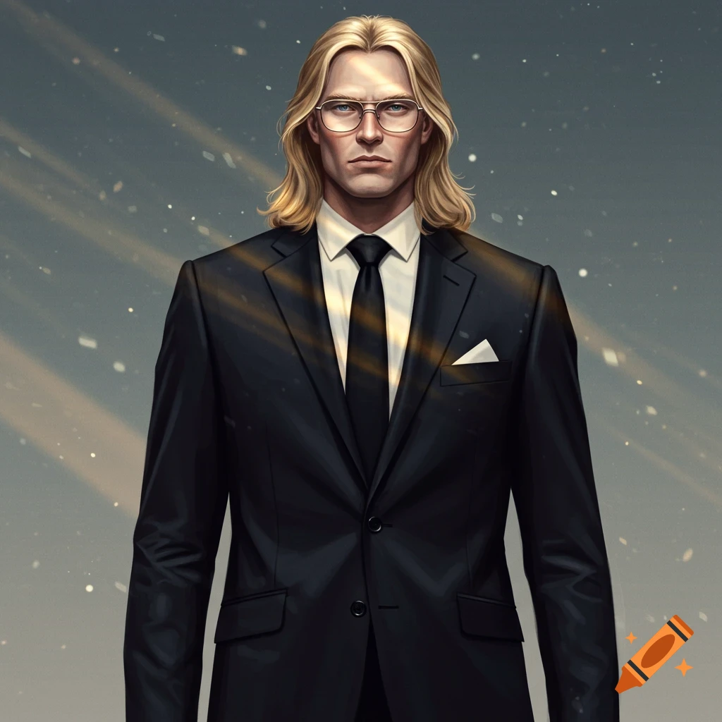 An illustration of a blond man with long hair and glasses, wearing a black suit and tie, looking directly at the viewer.