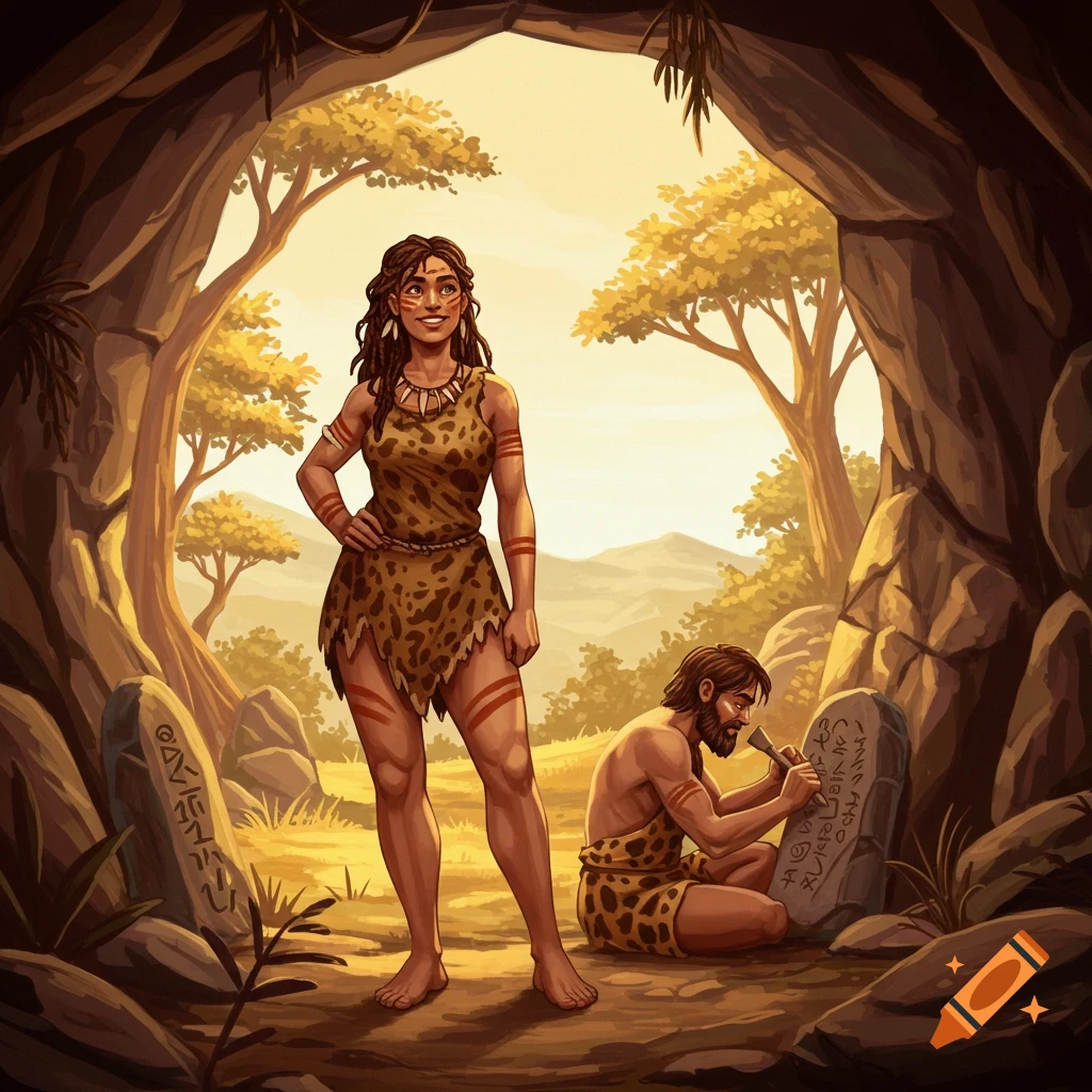 An illustration of a smiling cave woman in leopard print standing at a cave entrance, with a cave man carving symbols into a stone.