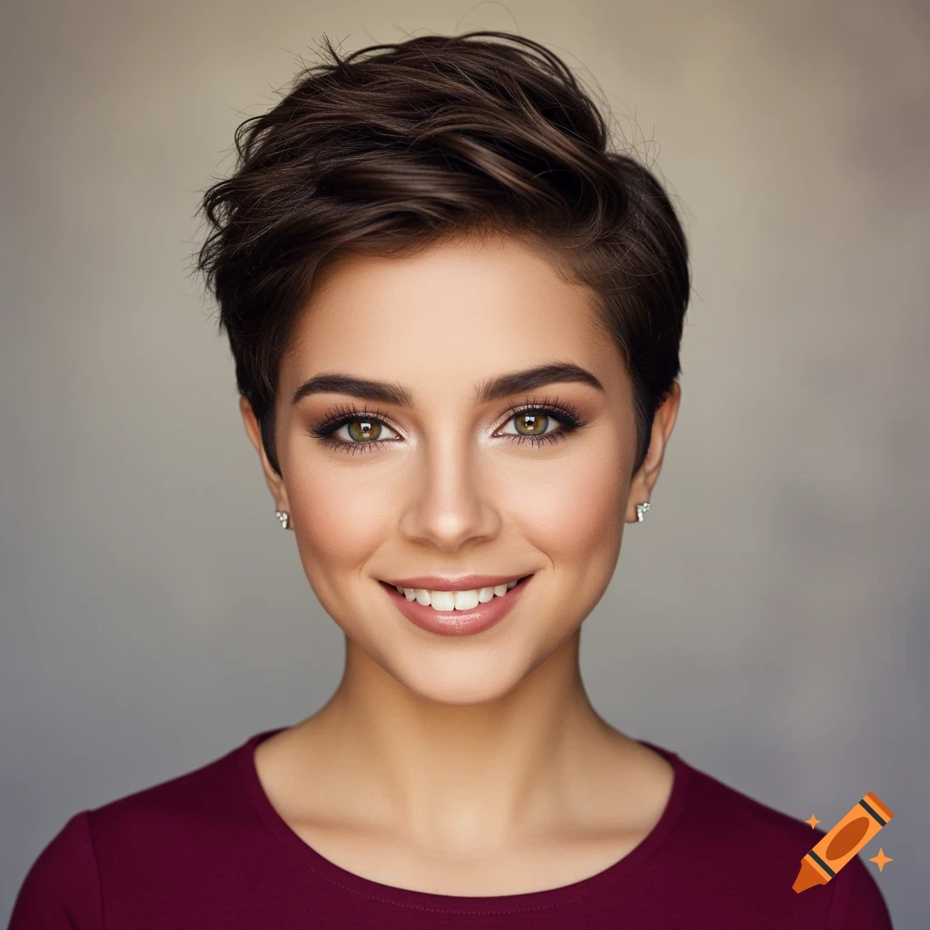 Photorealistic portrait of a young brunette woman with short, wavy hair, smiling and looking at the viewer.