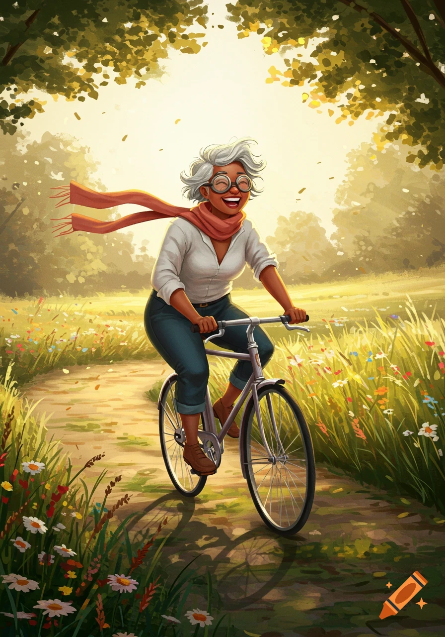Joyful older woman with gray hair and goggles cycles on a sunny path through a field of wildflowers in a vibrant illustration.