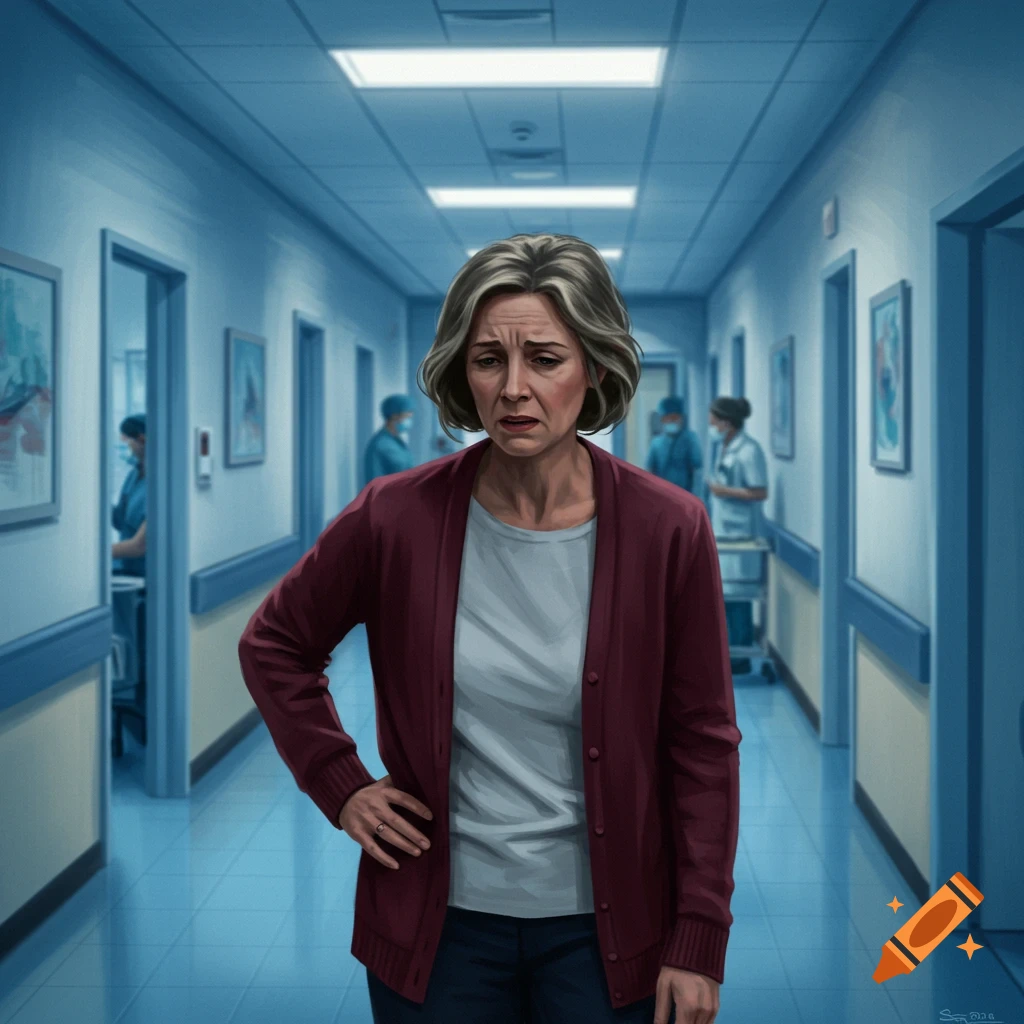 An illustration of a distressed woman with short gray hair standing in a hospital hallway, holding her hip.