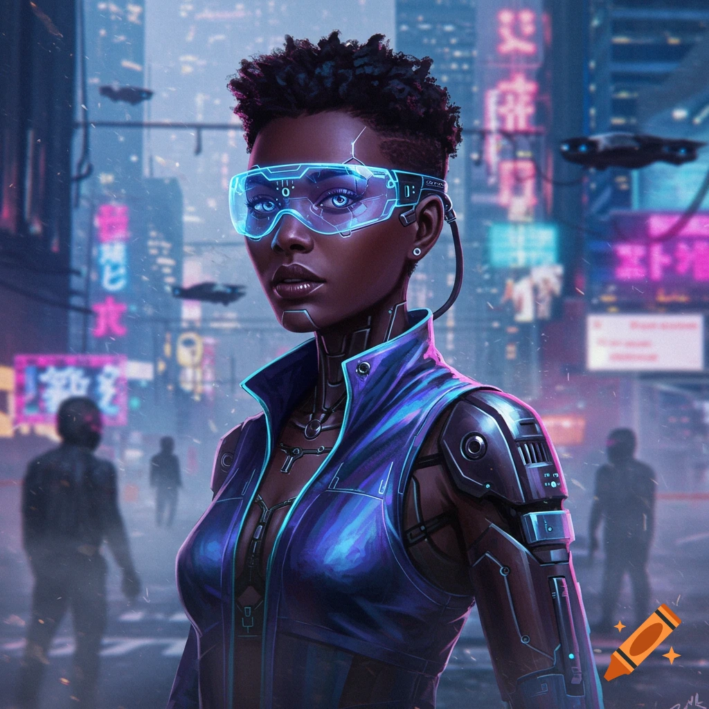 A dark-skinned cyberpunk woman with glowing blue visor glasses and a robotic arm stands in a neon-lit futuristic city.