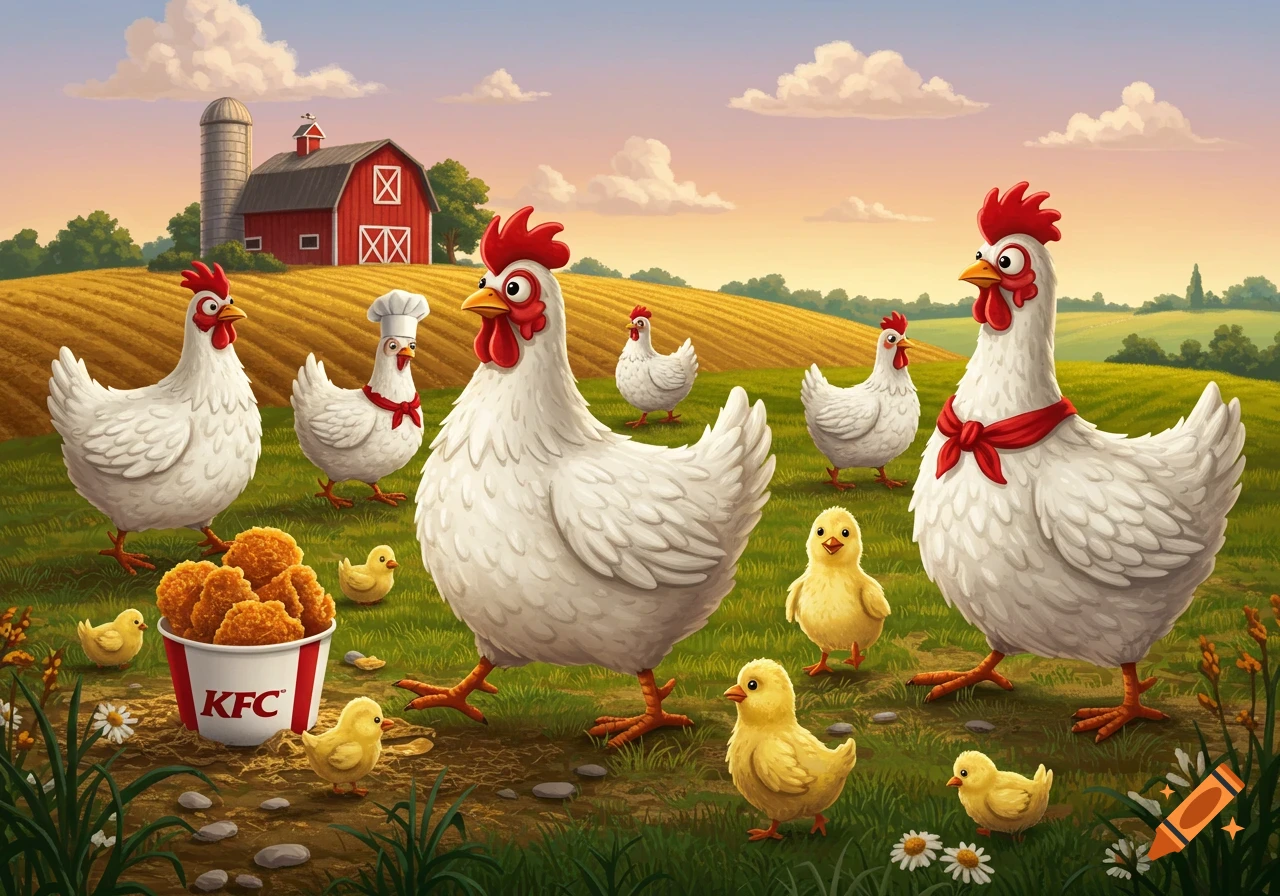 Cartoon chickens and chicks on a farm with a red barn. A KFC bucket of fried chicken sits on the ground.