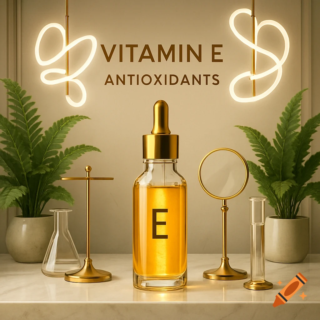 A gold-capped dropper bottle labeled 'E' with yellow liquid, surrounded by plants and golden lab equipment on a marble surface. Overhead text reads 'VITAMIN E ANTIOXIDANTS'.